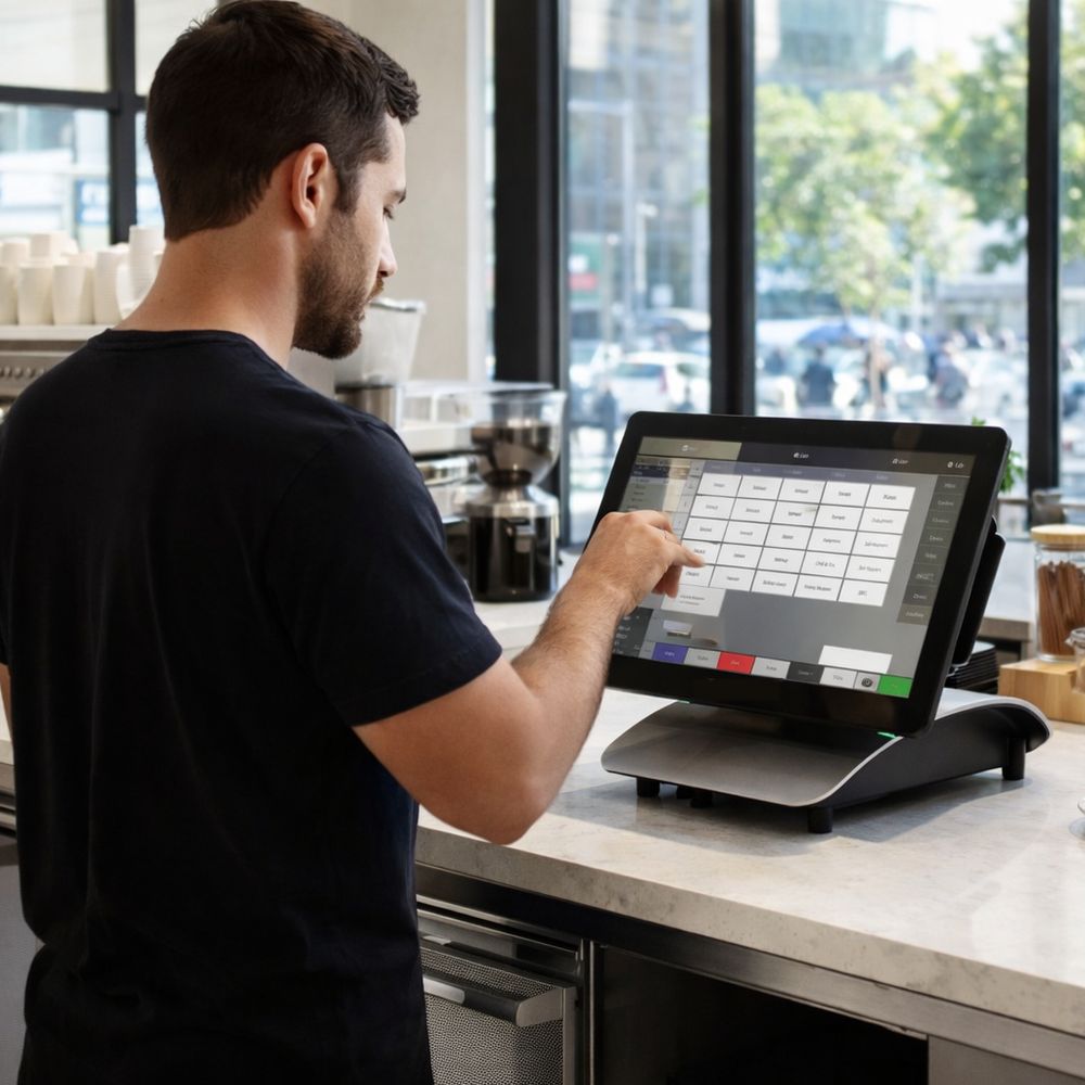 Café employee using a POS touchscreen at the counter